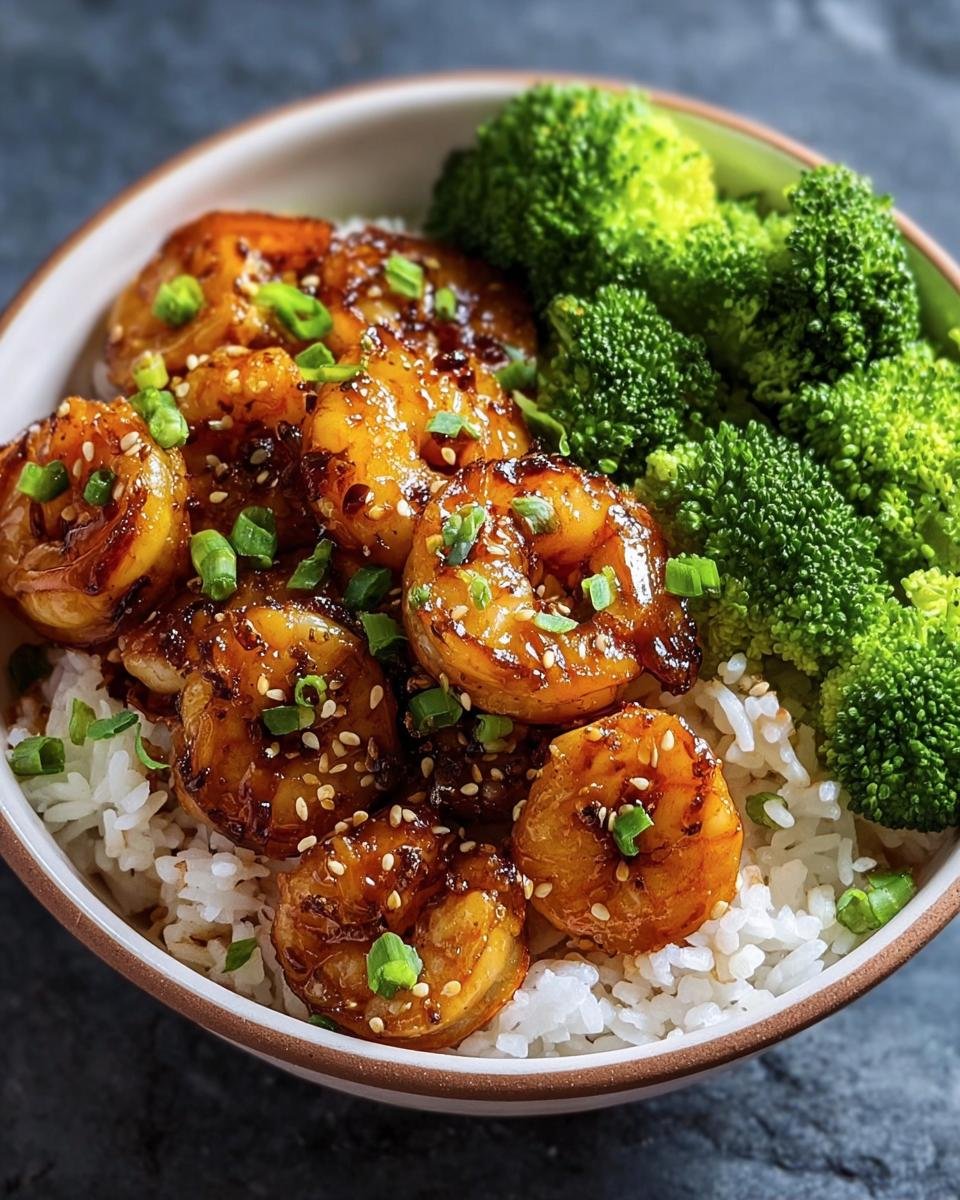 Close-up of Honey Garlic Shrimp Bowls with rice and broccoli, garnished with sesame seeds and green onions.