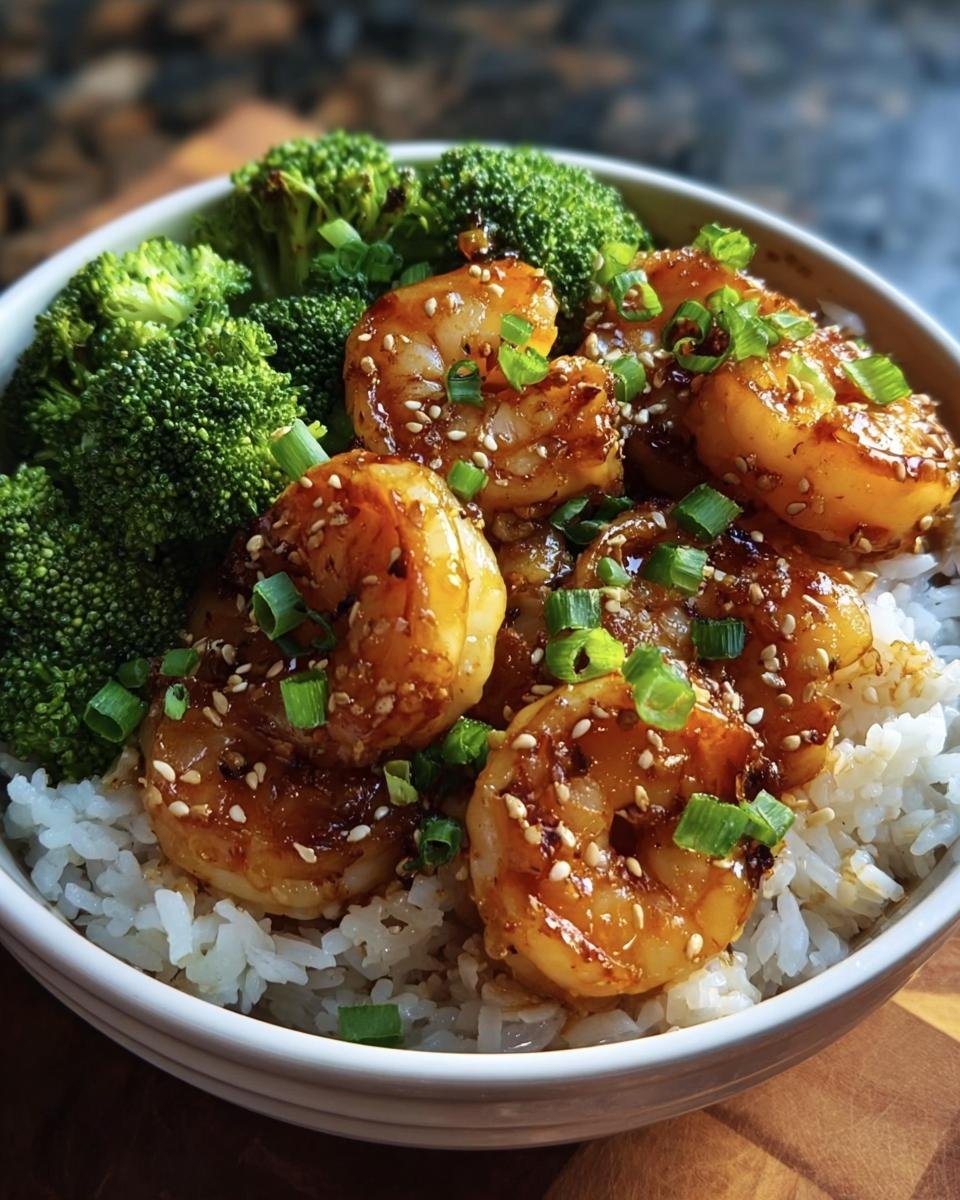 A vibrant Honey Garlic Shrimp Bowls with rice, broccoli, sesame seeds, and green onions.