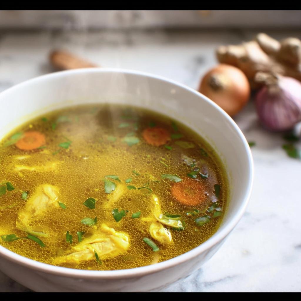 A bowl of steaming Immune Boosting Broth with chicken, carrots, and herbs. Ginger and garlic are in the background.