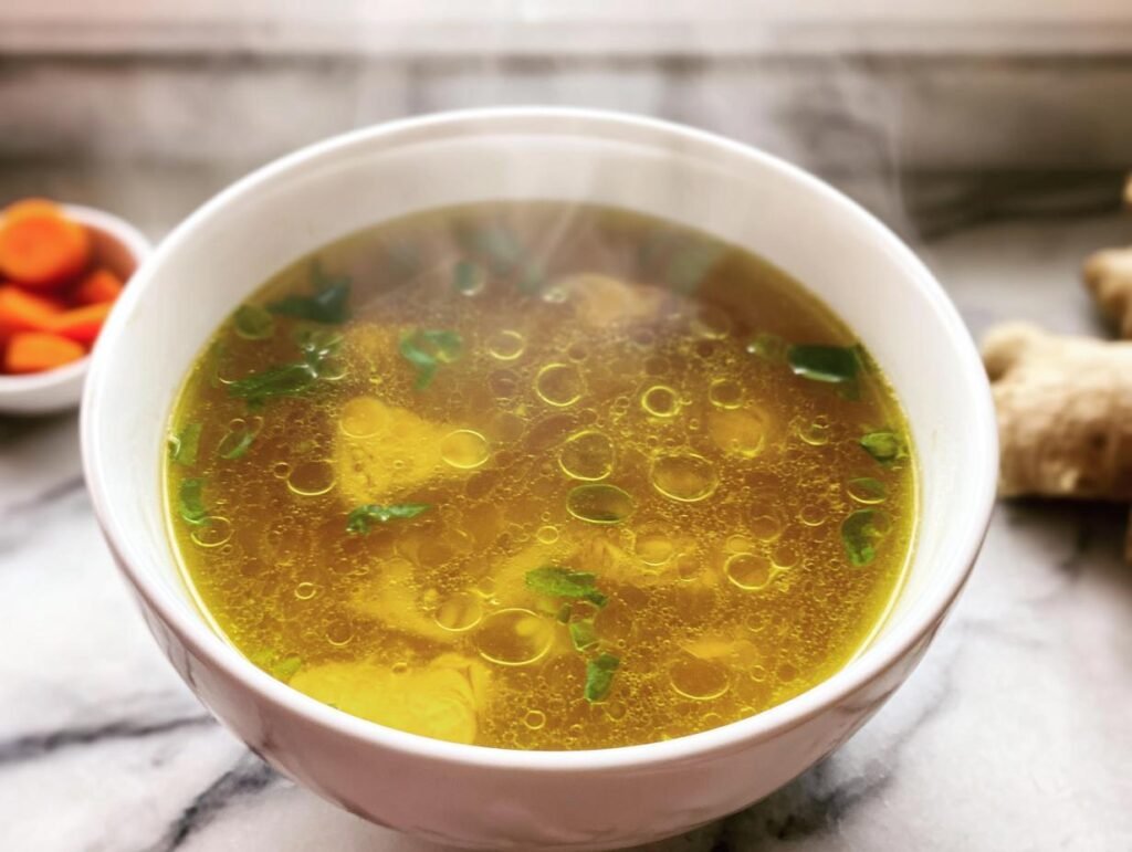 A steaming bowl of Immune Boosting Broth, garnished with herbs, with ginger and carrots in the background.