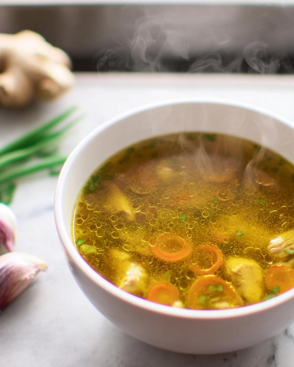 A steaming bowl of Immune Boosting Broth with carrots, garlic, ginger, and scallions.