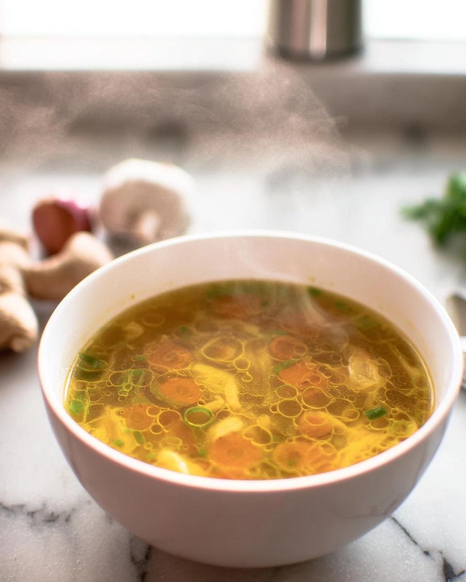 Steaming bowl of Immune Boosting Broth, showcasing carrots, ginger, and other healthy ingredients.