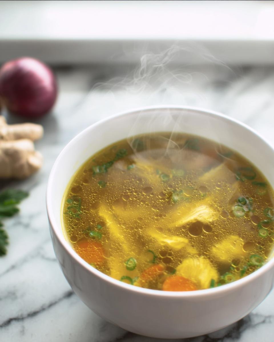 Steaming bowl of Immune Boosting Broth with chicken, carrots, and green onions. Ginger and onion are in the background.