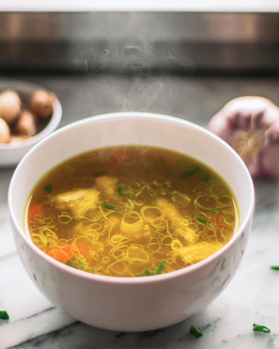 A steaming bowl of Immune Boosting Broth with vegetables, herbs, and garlic on a marble surface.