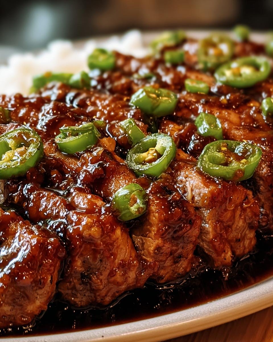 Close-up of sliced Jalapeno Glazed Pork Tenderloin topped with fresh jalapenos and served with rice.