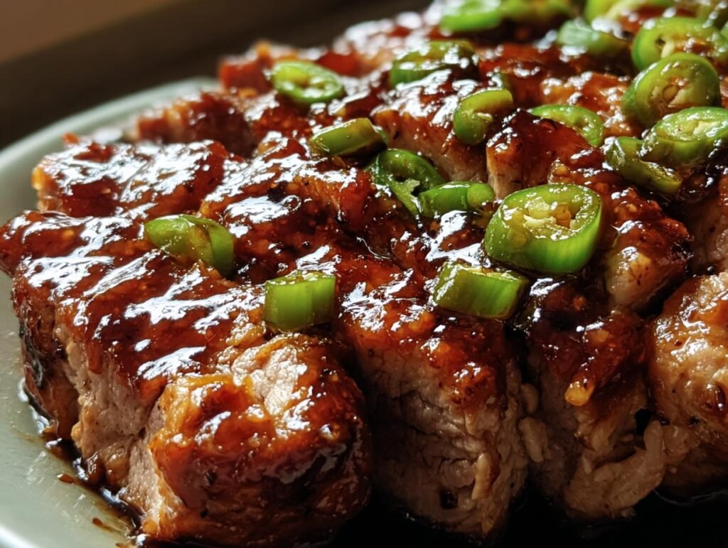 Close-up of sliced Jalapeno Glazed Pork Tenderloin, topped with fresh jalapenos.