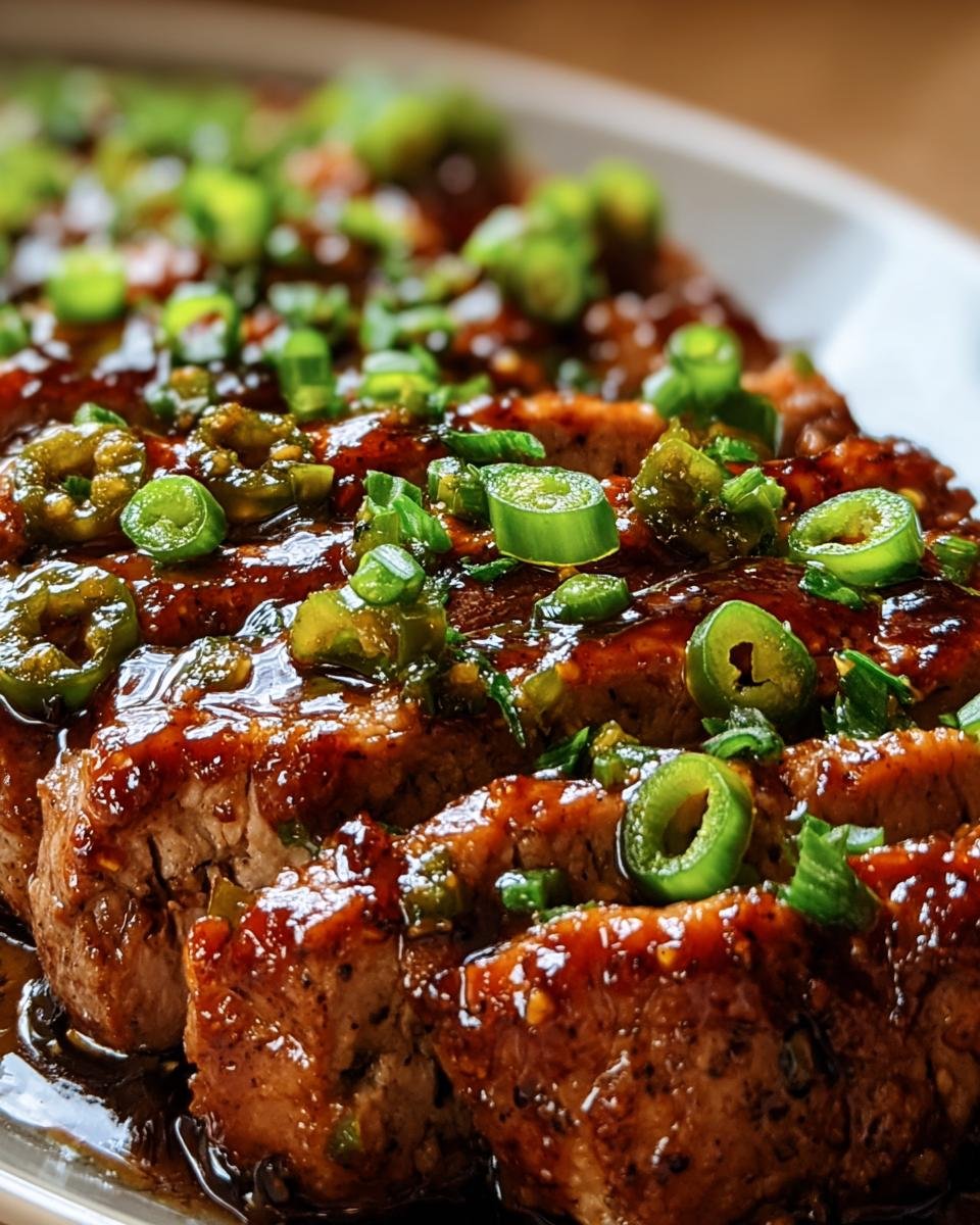 Close-up of sliced Jalapeno Glazed Pork Tenderloin, garnished with fresh jalapenos and green onions.