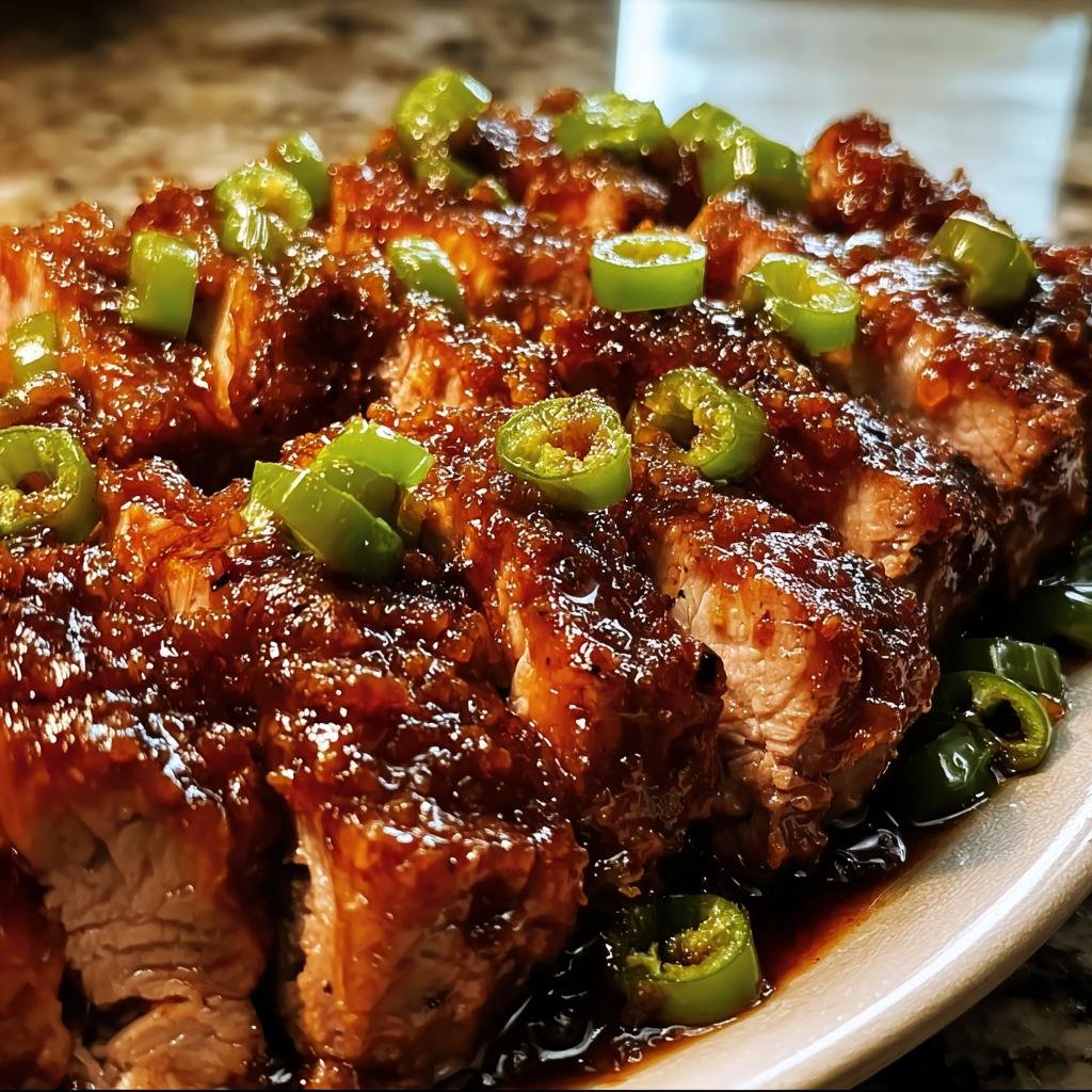 Close-up of sliced Jalapeno Glazed Pork Tenderloin, topped with fresh jalapenos.