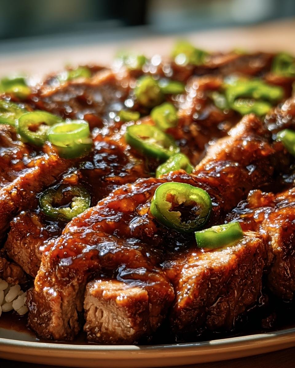Close-up of sliced Jalapeno Glazed Pork Tenderloin topped with fresh jalapenos.