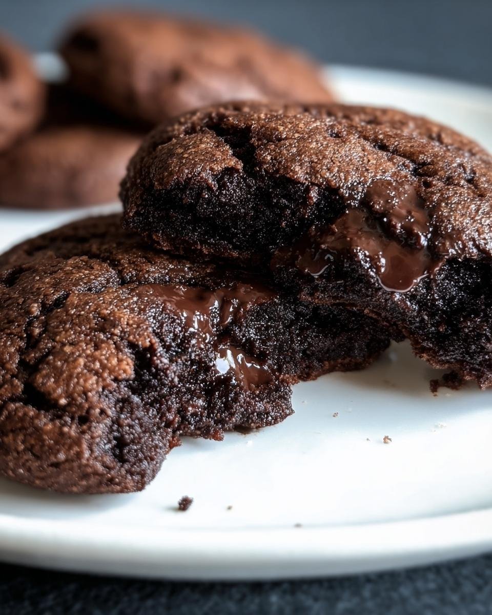 Close-up of a Keto Flourless Fudge Cookie, broken open to reveal a gooey chocolate center.