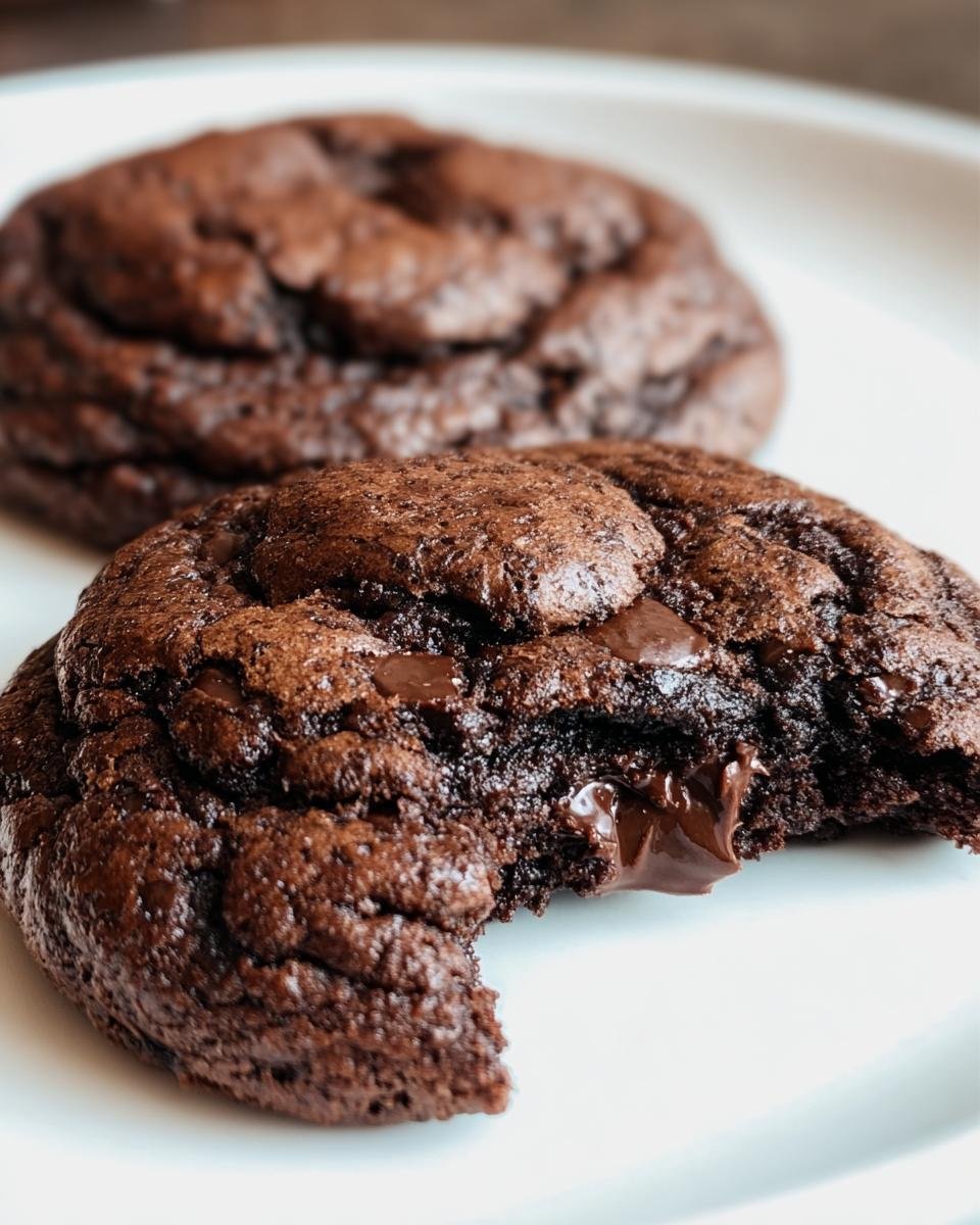 Close-up of a Keto Flourless Fudge Cookie with a bite taken out, revealing a gooey chocolate center.