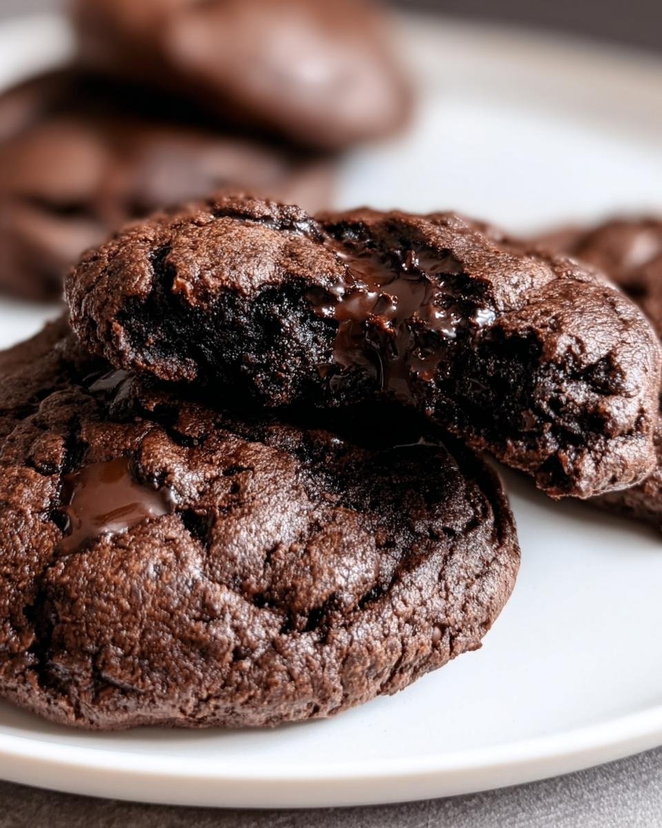 Close-up of Keto Flourless Fudge Cookies with a gooey center on a white plate.