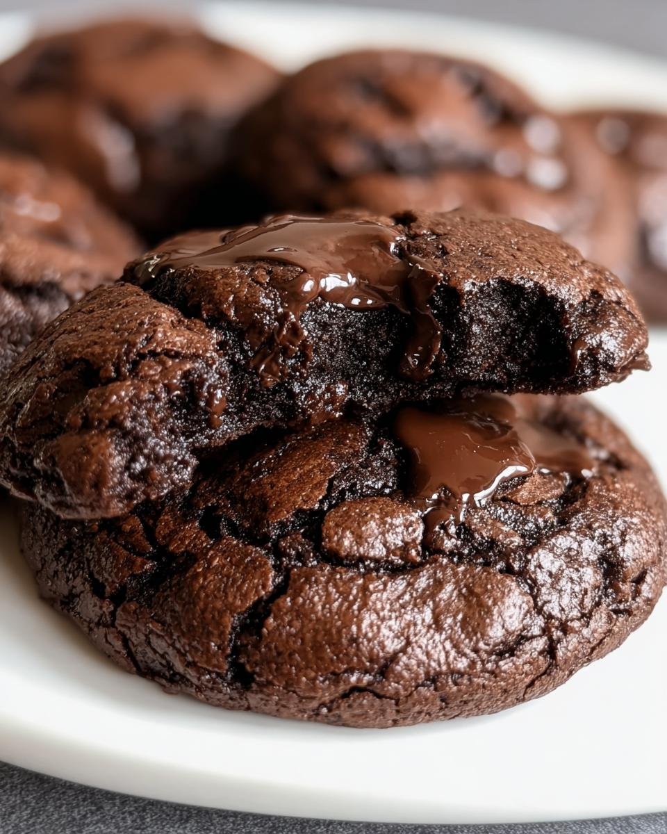 A stack of decadent Keto Flourless Fudge Cookies, one with a bite taken out, oozing with melted chocolate.