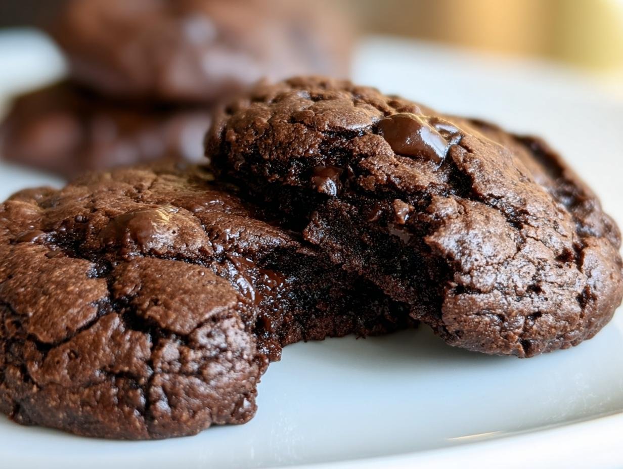 Close-up of Keto Flourless Fudge Cookies, showcasing their rich, chocolatey texture and melted chocolate chips.