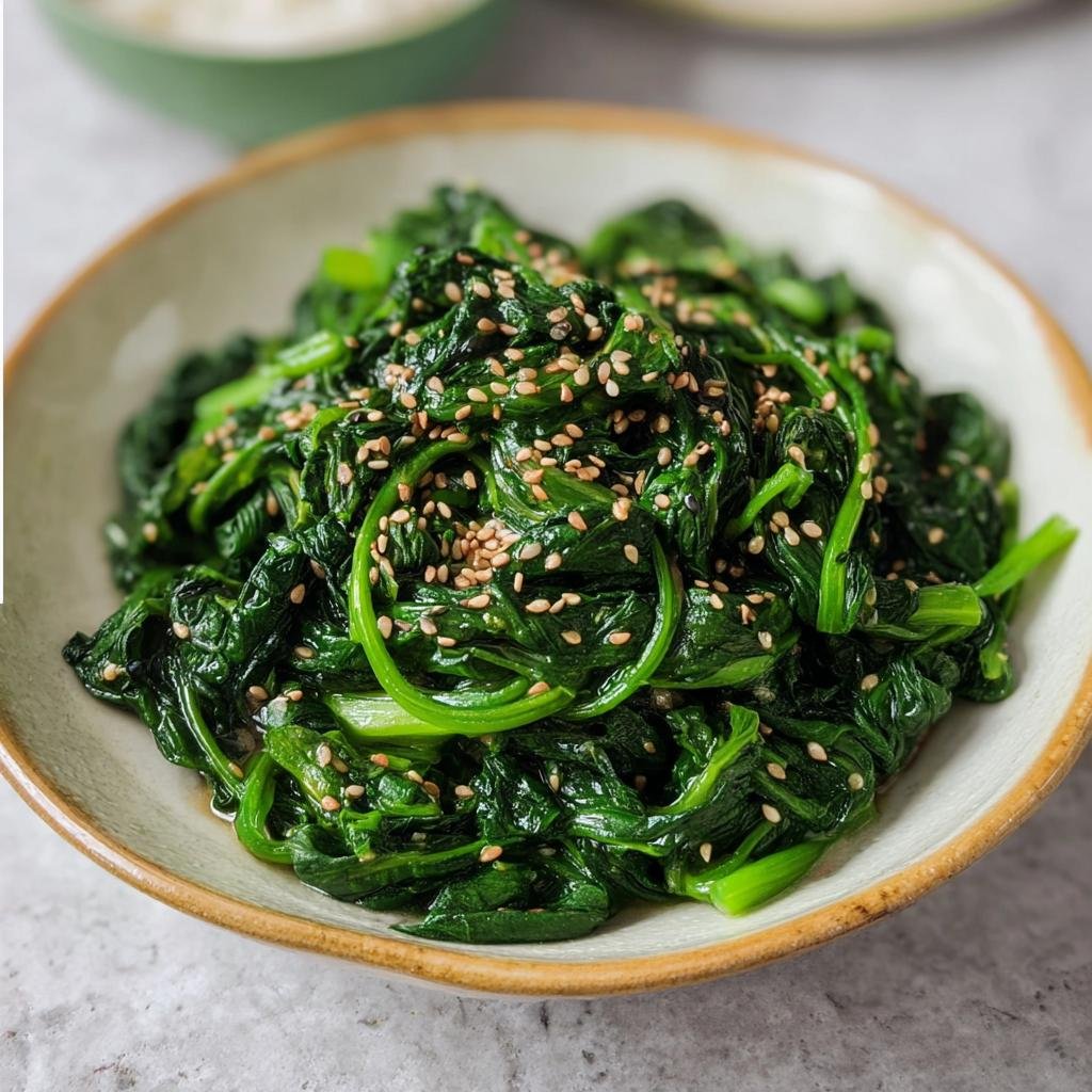 A bowl of Korean Spinach Side Dish (Sigeumchi Namul) topped with sesame seeds.