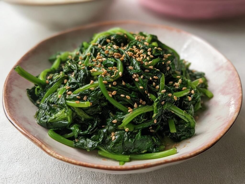 A serving of Korean Spinach Side Dish (Sigeumchi Namul) topped with sesame seeds on a plate.