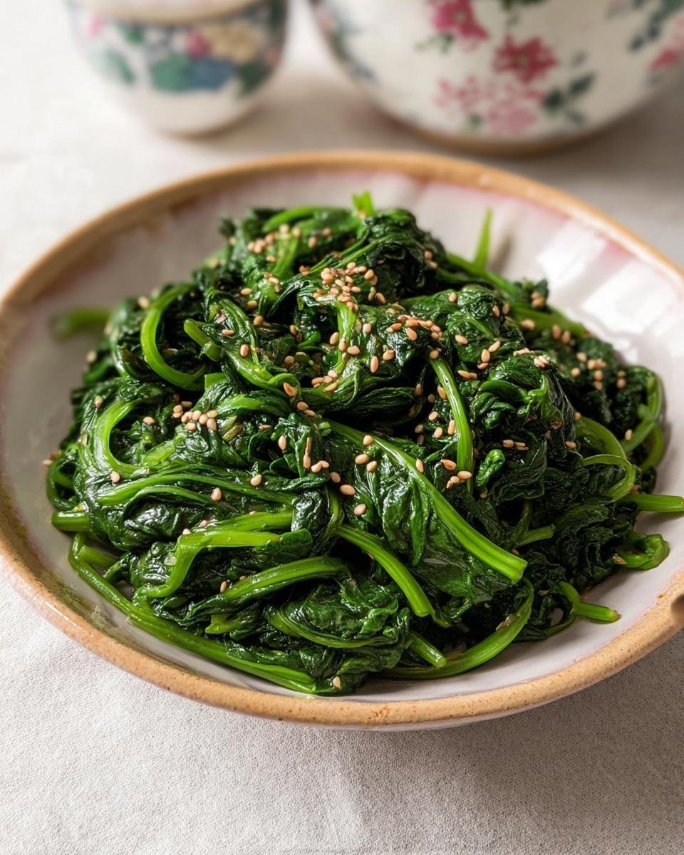 A serving of Korean Spinach Side Dish (Sigeumchi Namul) topped with sesame seeds in a ceramic bowl.