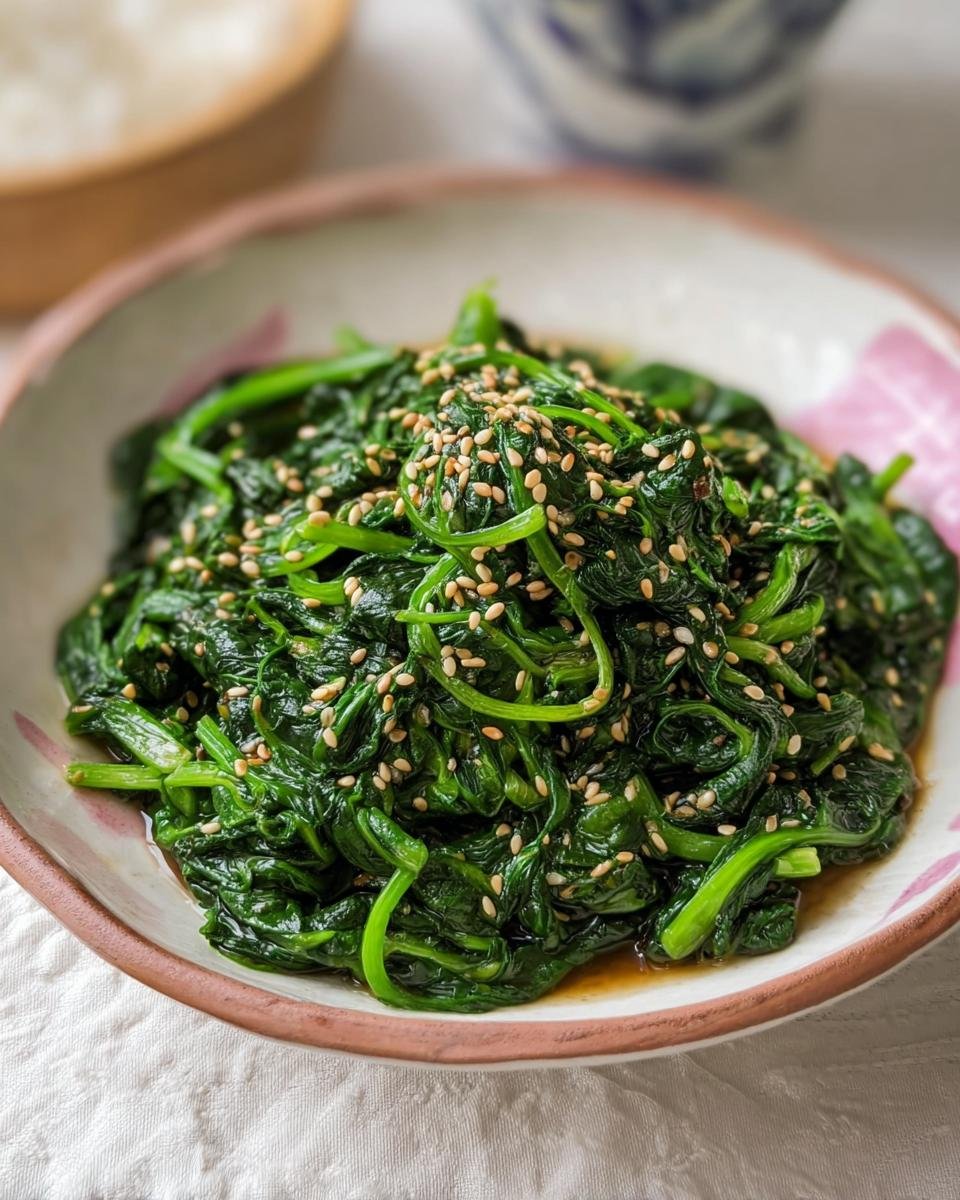 Close-up of Korean Spinach Side Dish (Sigeumchi Namul) topped with sesame seeds in a serving bowl.