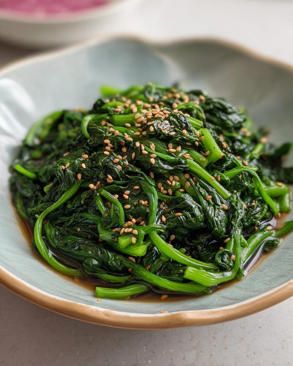 Close-up of Korean Spinach Side Dish, seasoned and topped with sesame seeds, served on a plate.