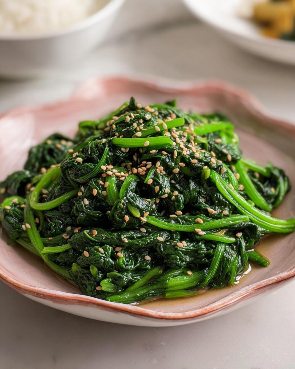 Close-up of Korean Spinach Side Dish (Sigeumchi Namul) topped with sesame seeds on a pink plate.