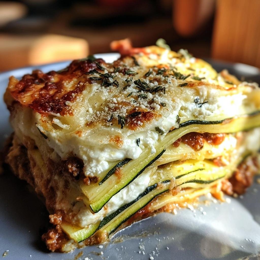 A delicious slice of Lasagnes With Zuchinni, showcasing layers of zucchini, cheese, and sauce.