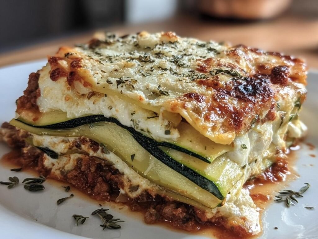 A slice of Lasagnes With Zuchinni, showcasing layers of zucchini, pasta, sauce, and cheese on a white plate.