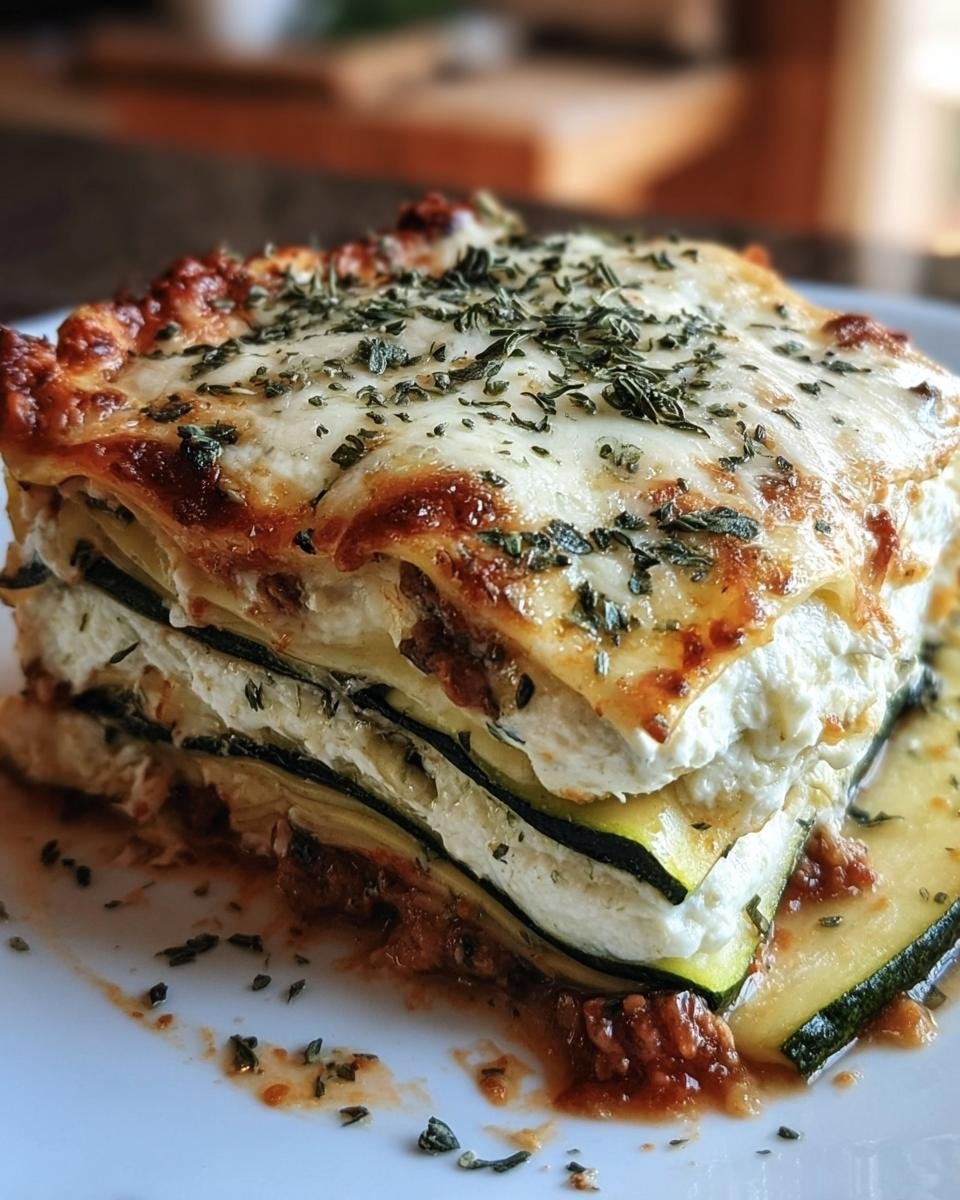 A slice of Lasagnes With Zuchinni, showing layers of zucchini, cheese, and sauce.