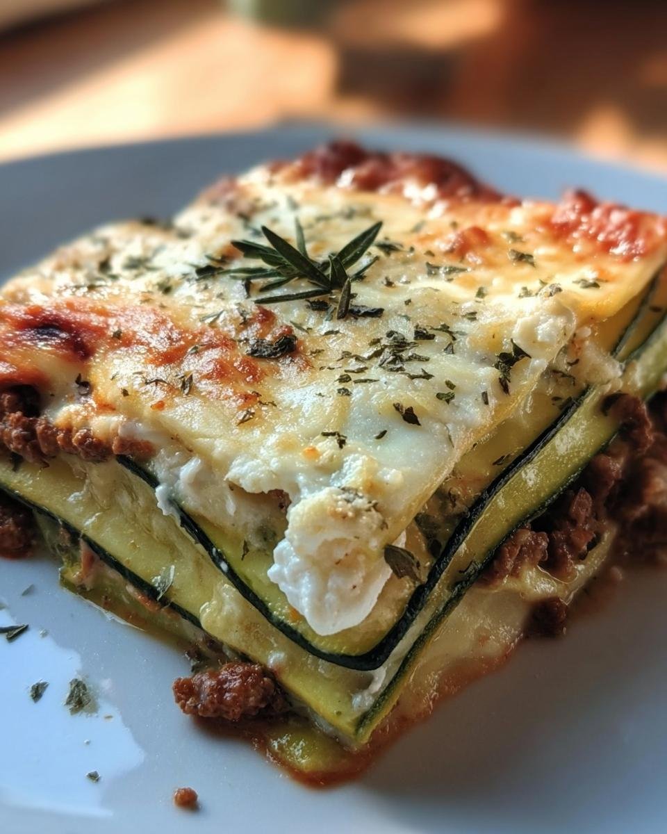 A close-up of a slice of Lasagnes With Zuchinni, showcasing layers of zucchini, cheese, and meat sauce.