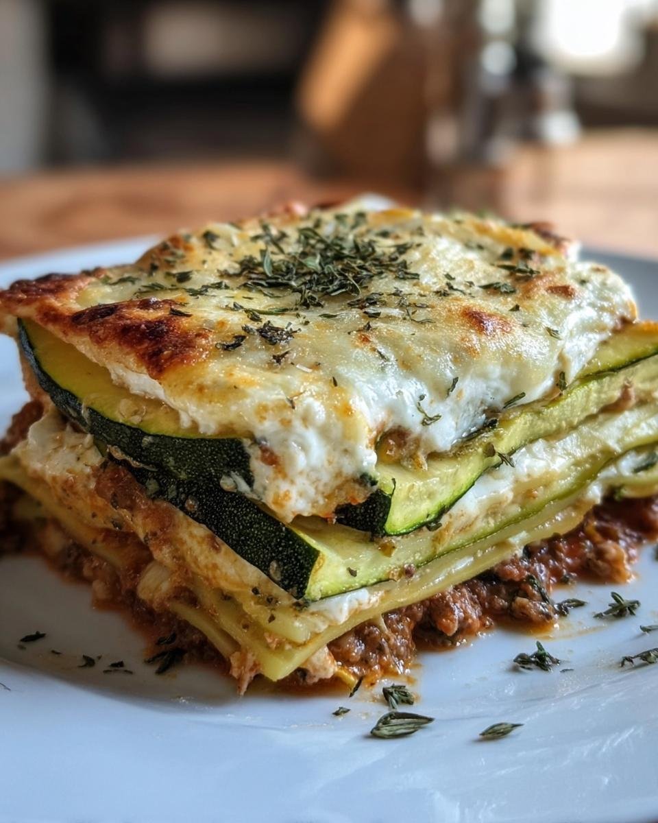 A slice of Lasagnes With Zuchinni, showcasing layers of zucchini, pasta, meat sauce, and a cheesy topping.