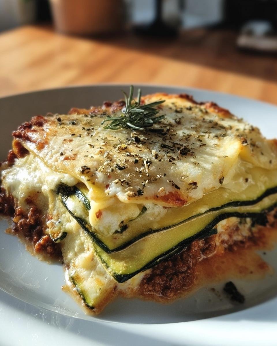 A delicious slice of Lasagnes With Zuchinni, showcasing layers of zucchini, cheese, and herbs on a white plate.