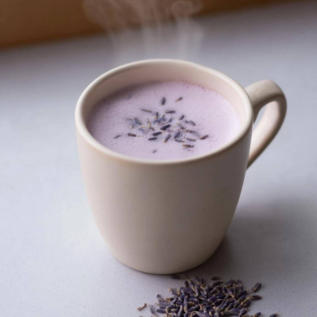 A mug of steaming Lavender Sleep Milk, garnished with lavender buds. Calming and soothing beverage.