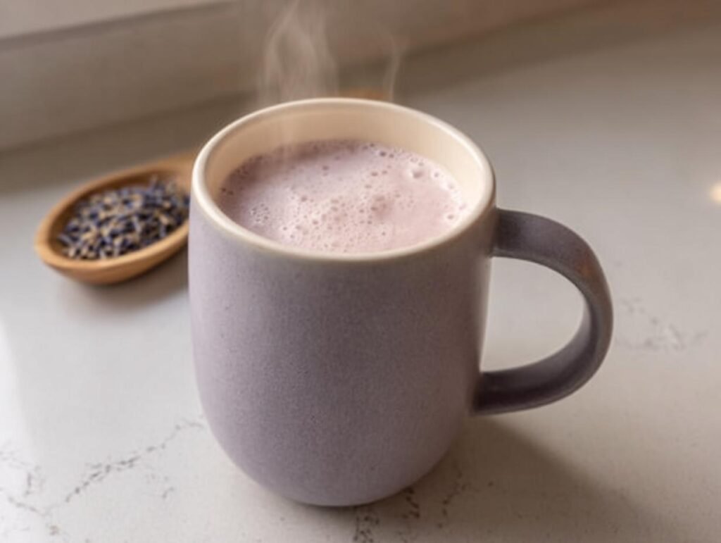 A mug of Lavender Sleep Milk with steam rising, next to a wooden spoon of lavender buds.