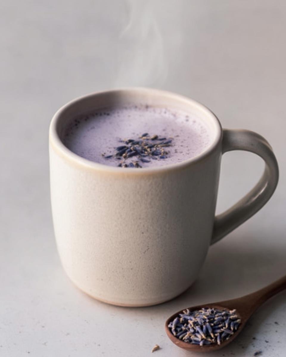 A mug of Lavender Sleep Milk with lavender buds on top and a spoonful of lavender buds next to it.