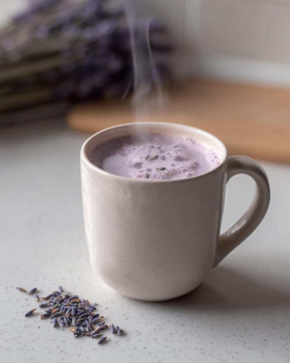 A steaming mug of purple Lavender Sleep Milk sits next to a small pile of dried lavender buds.