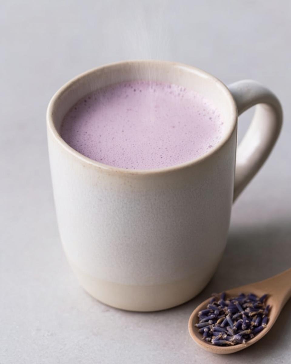 A mug of warm Lavender Sleep Milk with steam rising, next to a spoonful of dried lavender buds.