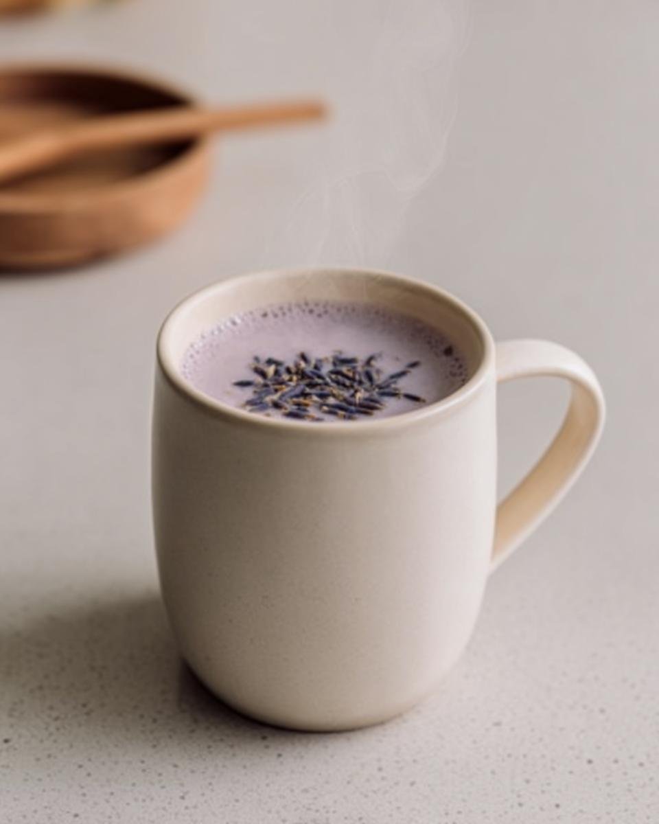 A mug of warm Lavender Sleep Milk with lavender buds, steaming and ready to drink.