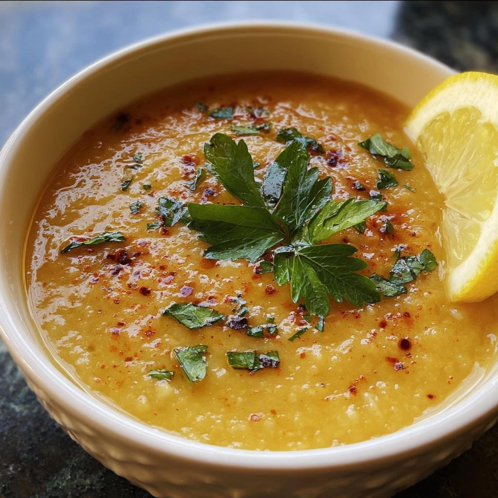A bowl of Lebanese Lemon Lentil Soup garnished with parsley, spices, and a lemon wedge.