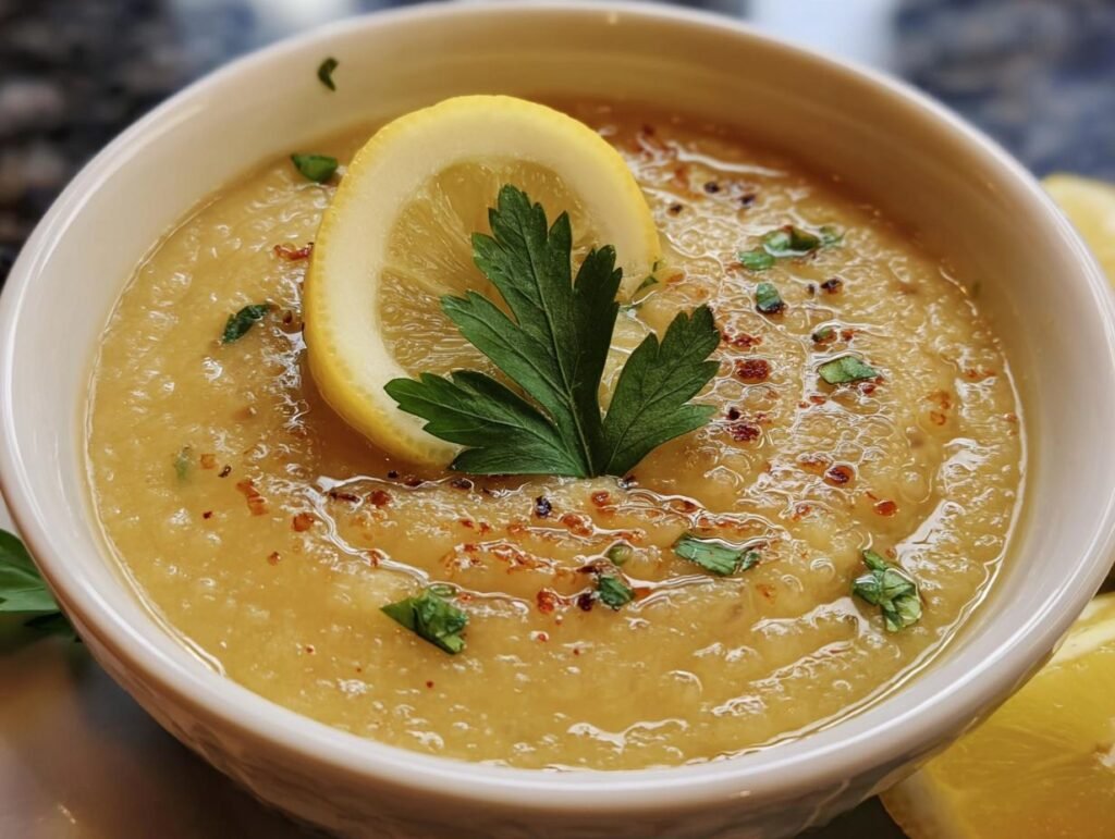 A bowl of Lebanese Lemon Lentil Soup garnished with a lemon slice and parsley.