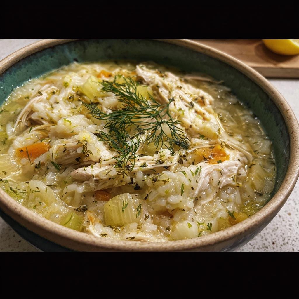 A bowl of Lemon Dilly Chicken Rice Soup, garnished with fresh dill, featuring chicken, rice, and vegetables.