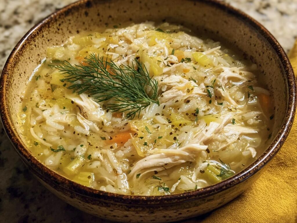 Bowl of Lemon Dilly Chicken Rice Soup garnished with fresh dill. Comforting and flavorful soup.