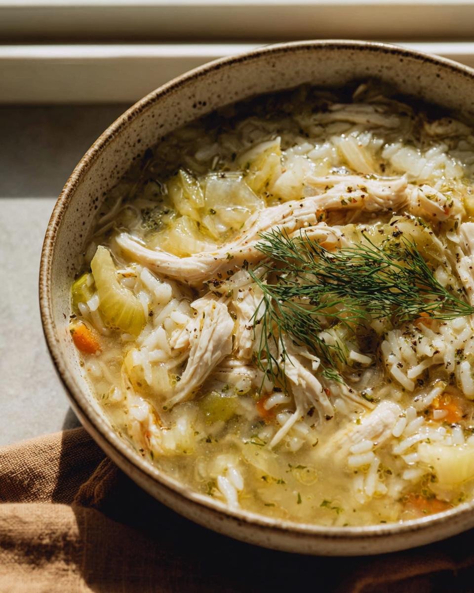 A comforting bowl of Lemon Dilly Chicken Rice Soup, garnished with fresh dill.