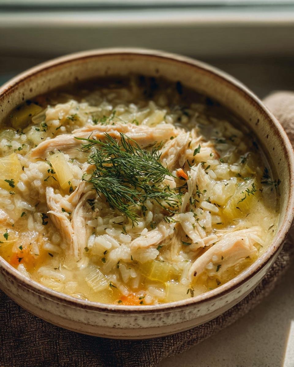 A bowl of Lemon Dilly Chicken Rice Soup, garnished with fresh dill, featuring chicken, rice, and vegetables.