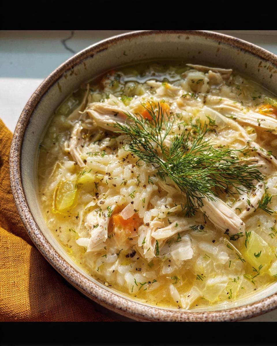 Close-up of a bowl of Lemon Dilly Chicken Rice Soup, garnished with fresh dill.