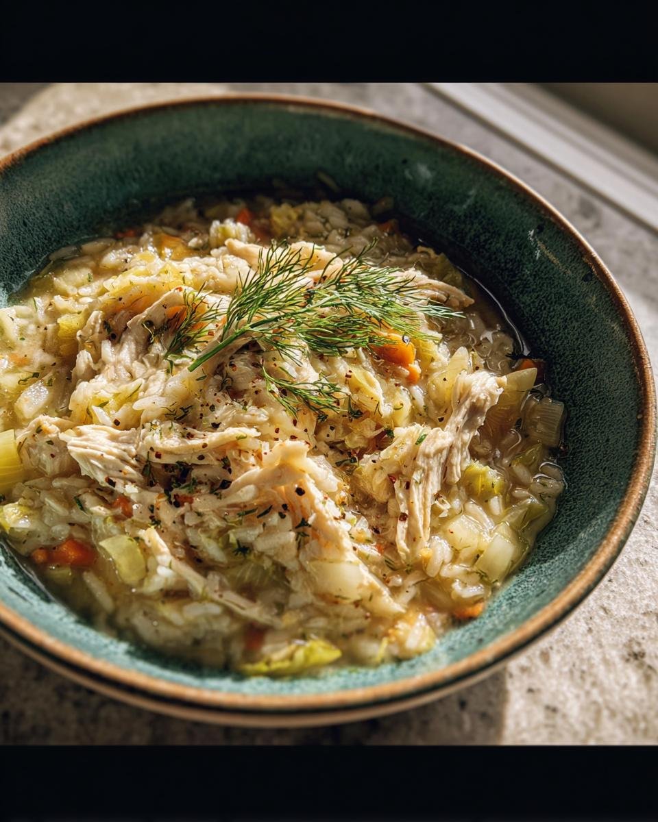A bowl of Lemon Dilly Chicken Rice Soup, garnished with fresh dill, featuring chicken, rice, and vegetables.