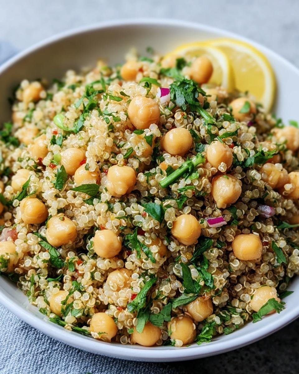 A bowl of Lemon Herb Quinoa Chickpeas salad with lemon wedges, parsley and red onion.