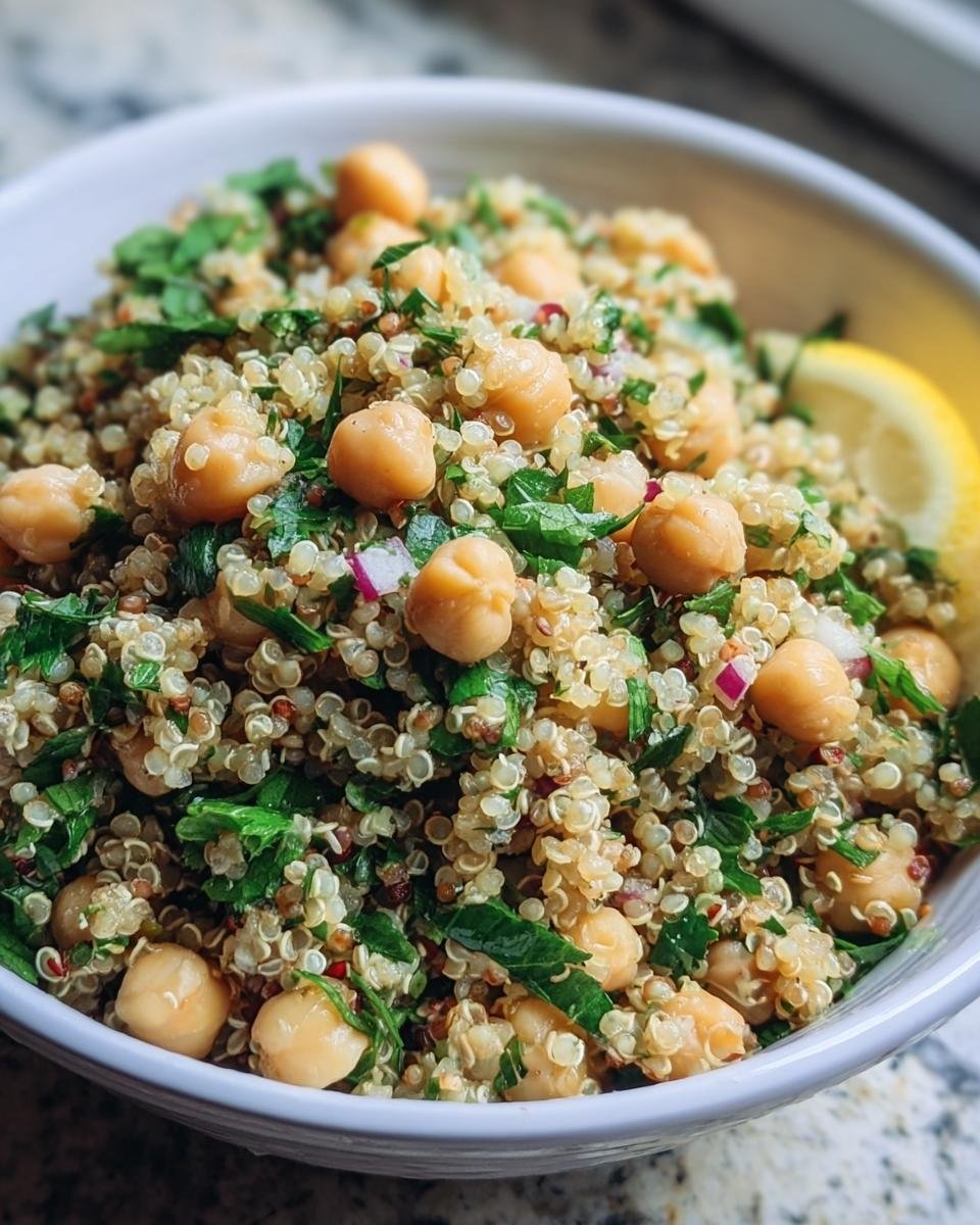 A bowl of Lemon Herb Quinoa Chickpeas salad, garnished with fresh herbs and a lemon wedge.