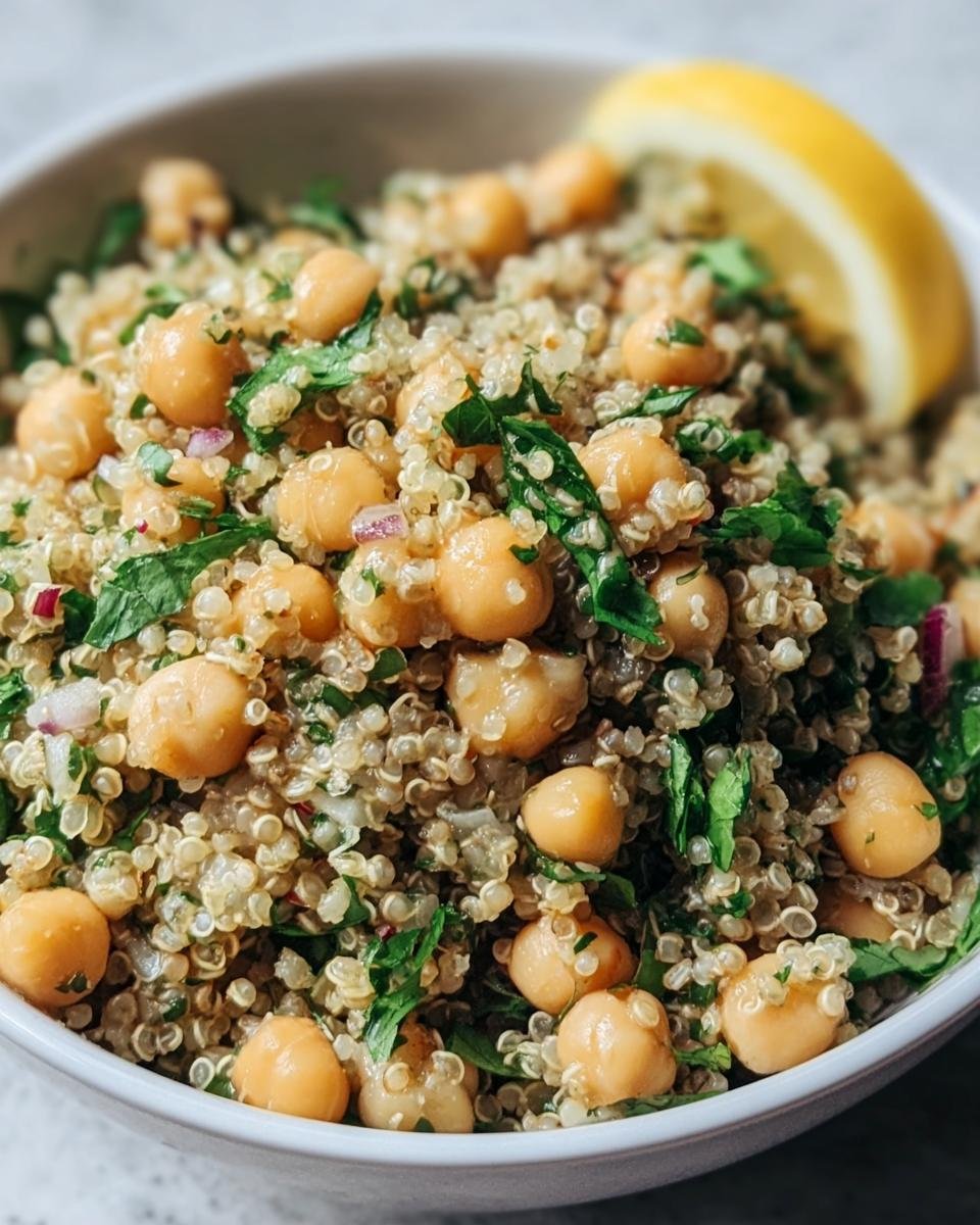 Bowl of Lemon Herb Quinoa Chickpeas salad with a lemon wedge, showing the fresh herbs and ingredients.