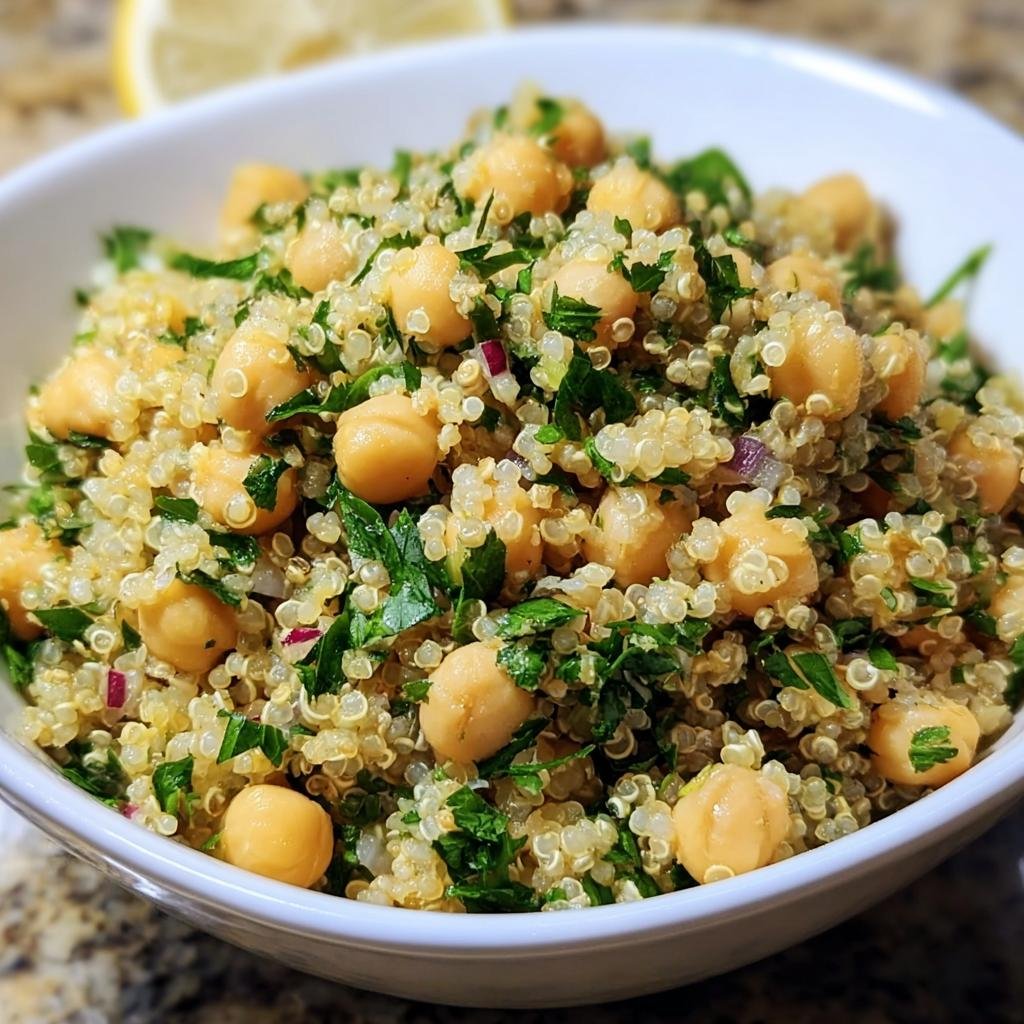 A bowl of Lemon Herb Quinoa Chickpeas, a healthy and flavorful dish with fresh herbs.