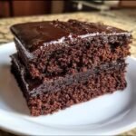 A stack of two slices of delicious Low Carb Chocolate Cake with glossy chocolate frosting on a white plate.
