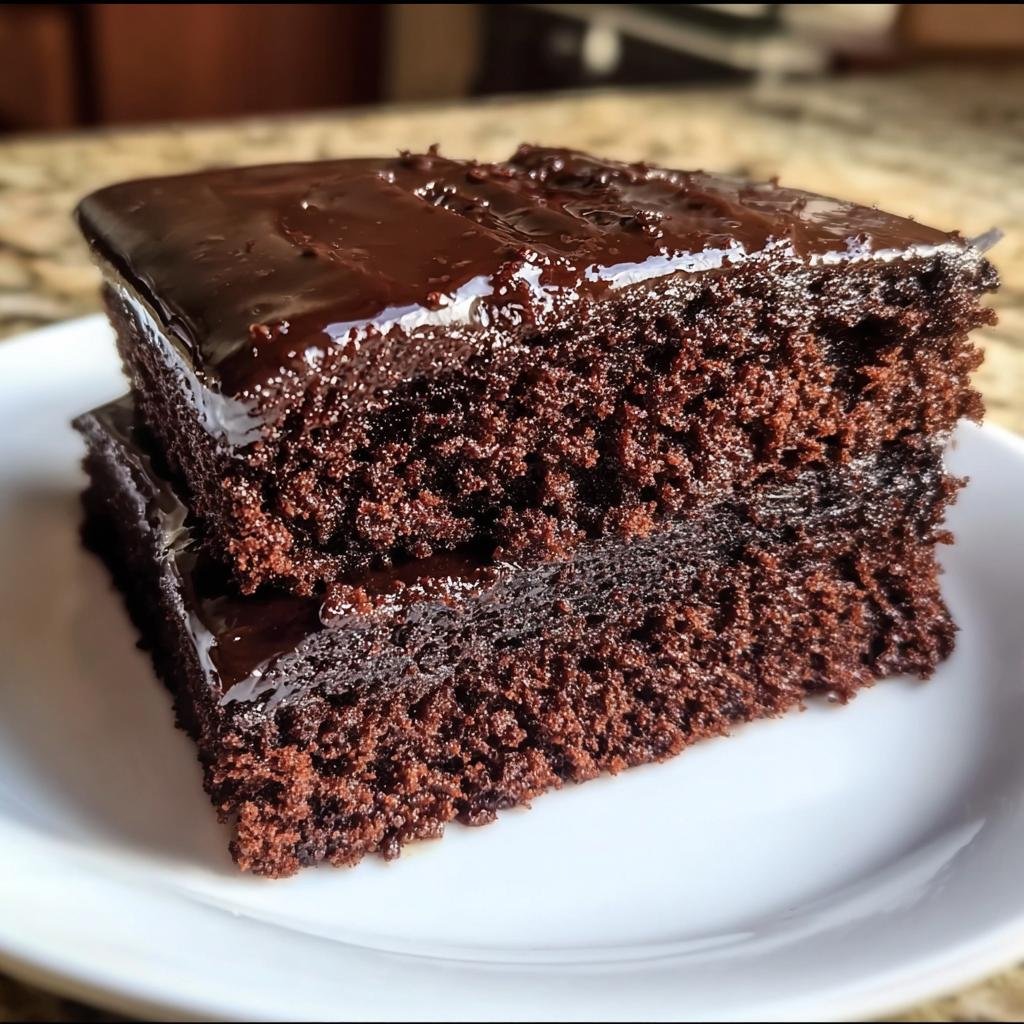 A stack of two slices of delicious Low Carb Chocolate Cake with glossy chocolate frosting on a white plate.